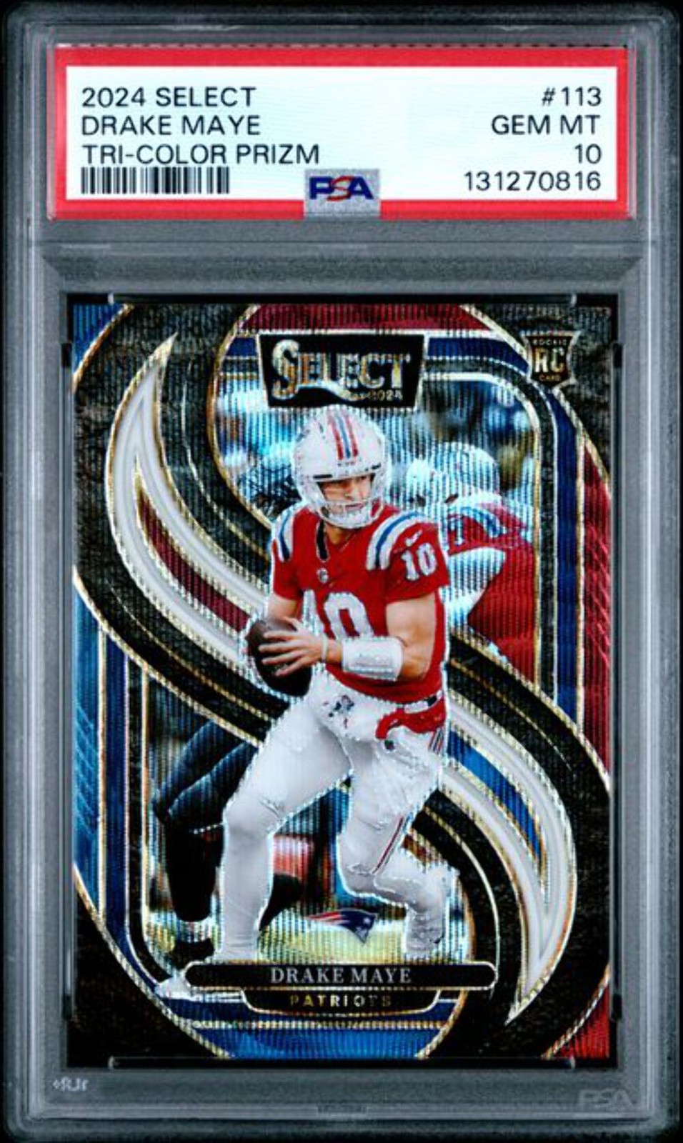 Graded 2024 Panini Select Drake Maye 113 /249 Tri Color Prizm Rookie Card PSA 10