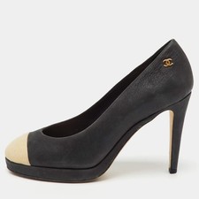 Chanel BlackBeige Nubuck Leather CC Cap Toe Platform Pumps Size 37.5