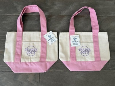 NWT Trader Joe s Mini Canvas Tote Bags Set of 2   Pink Beige Color Block Small
