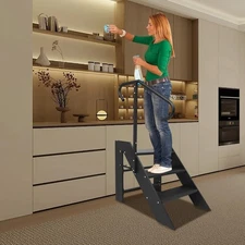 Step Ladder Foldable 3 Steps Ladder w/ Adjustable Handrail Swimming Pool Ladder