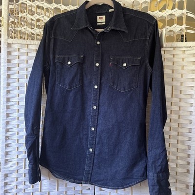 Levi s Pearl Snap Denim Long Sleeve Shirt Size M Blue Slim Fit Dark Wash Western