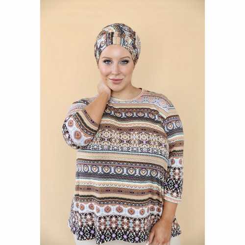 Women's Top, Crew Neck, XS-3XL, High-Low Tunic, 3/4 Sleeve, Abstract Aztec Print - Picture 6 of 16