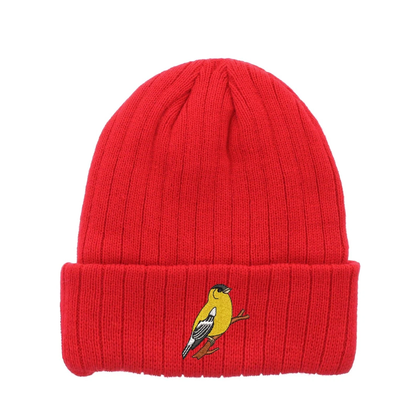 Goldfinch bird embroidered fleece beanie hat, insulated winter beanie hat