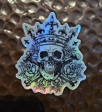SKULL AND CROSSBONES KING w/ ROSES HOLOGRAPHIC Sticker UV Resistant Vinyl 3 inch