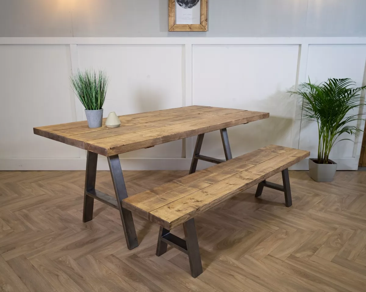 Industrial Scaffold Board DINING TABLE BENCH A Frame Steel Legs Reclaimed