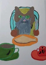 Cat Kitten Dinner ORIGINAL IMPRESSIONISM Whimsical artwork Painting by Gat