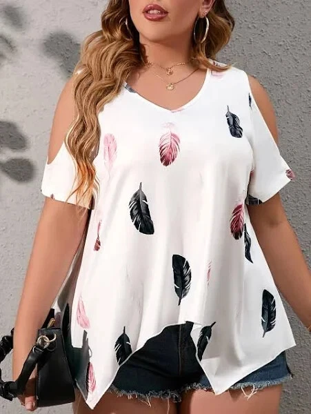 SHEIN Curve Women's Plus Feather Print Cold Shoulder Tee Blouse Top Size 2XL