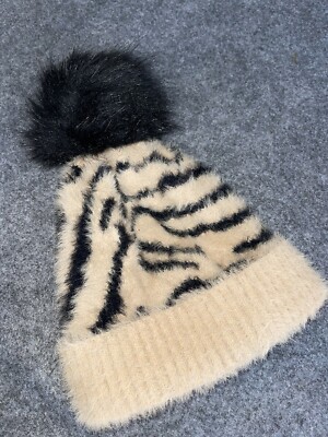 Express Fuzzy Winter Hat Beanie Faux Fur Pom Pom Zebra