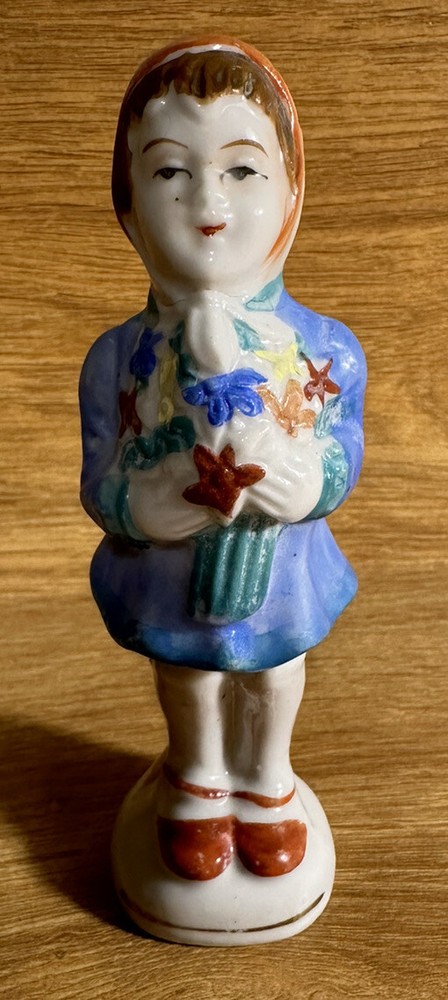 Vintage Ceramic Painted Doll Girl Woman Holding Flowers Made Japan