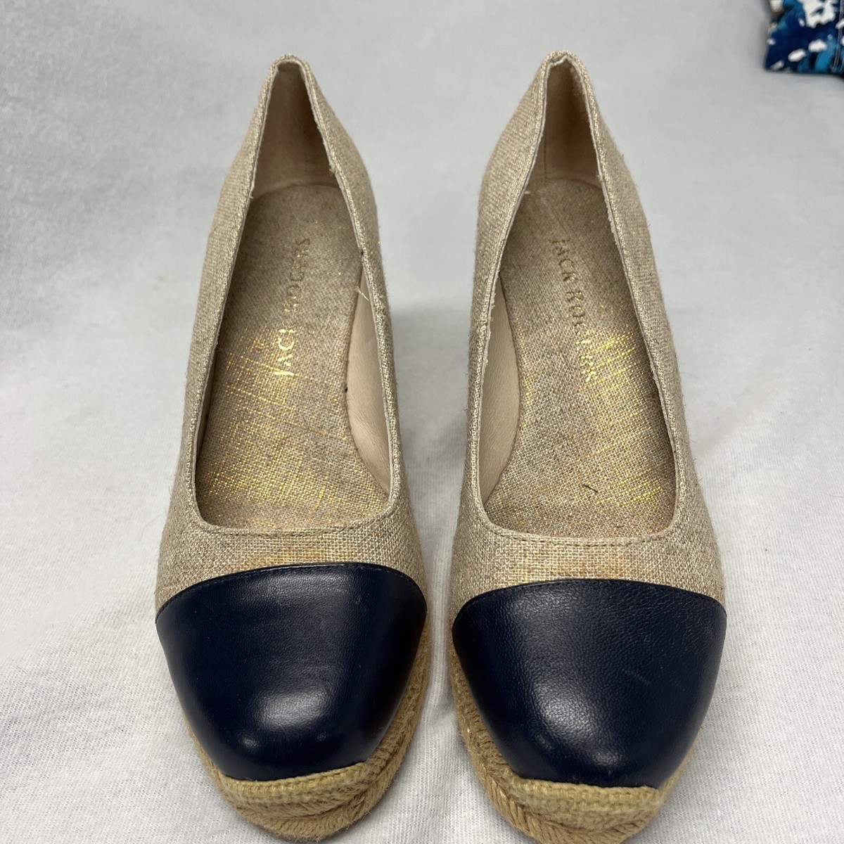 Jack Rogers Womens Palmer Navy/Tan/gold Sparkle Wedge Heels Shoes