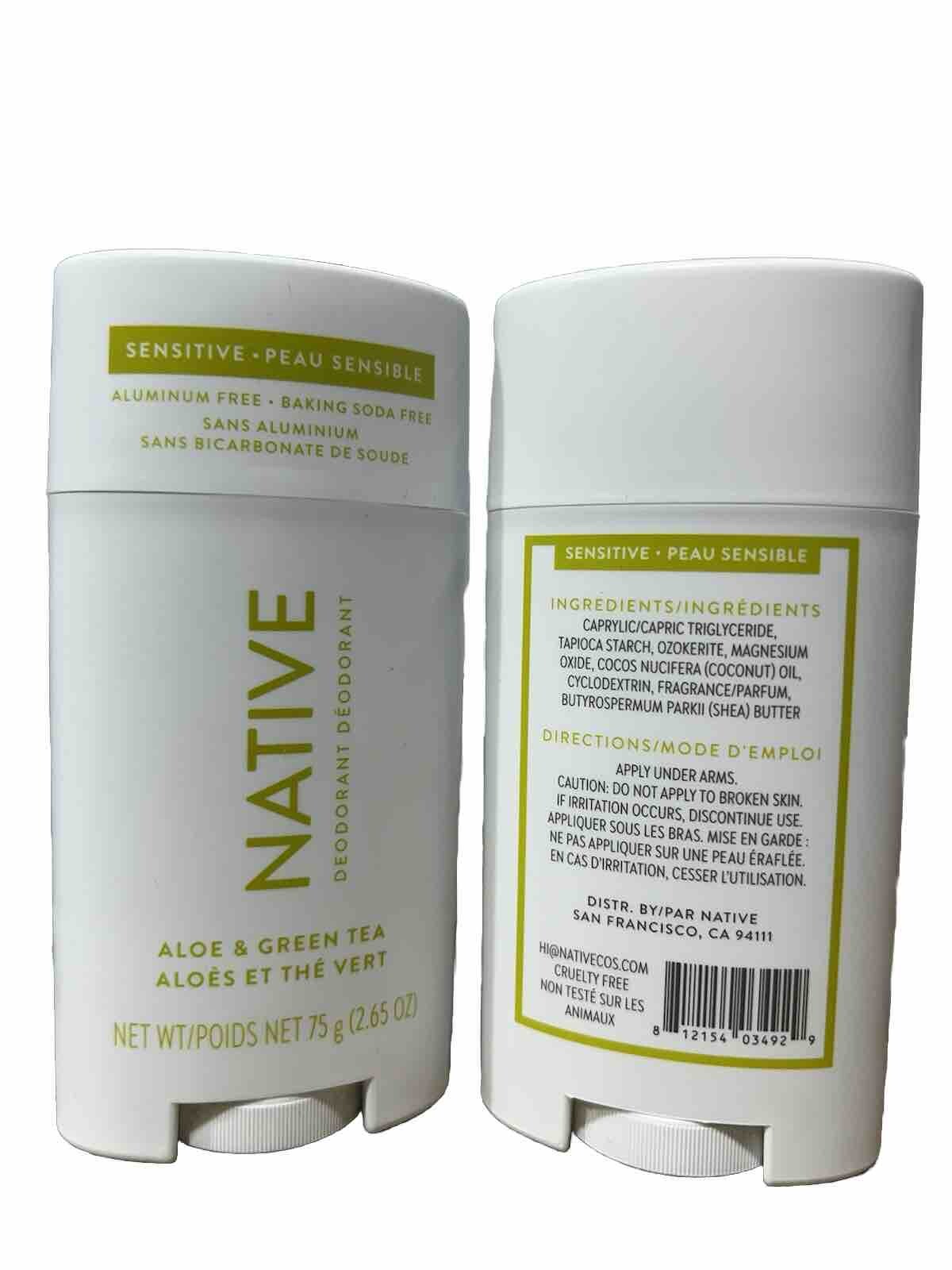 2 Native Deodorant-Aloe & Green Tea- Sensitive 2.65 OZ Full Size Ship Fast USA