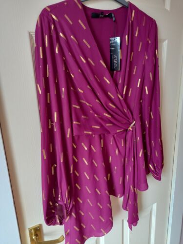 New Rrp Was £45. Julien Mcdonald Raspberry/Gold Wrap Asymmetrical tunic. Size 14 - Foto 1 di 5