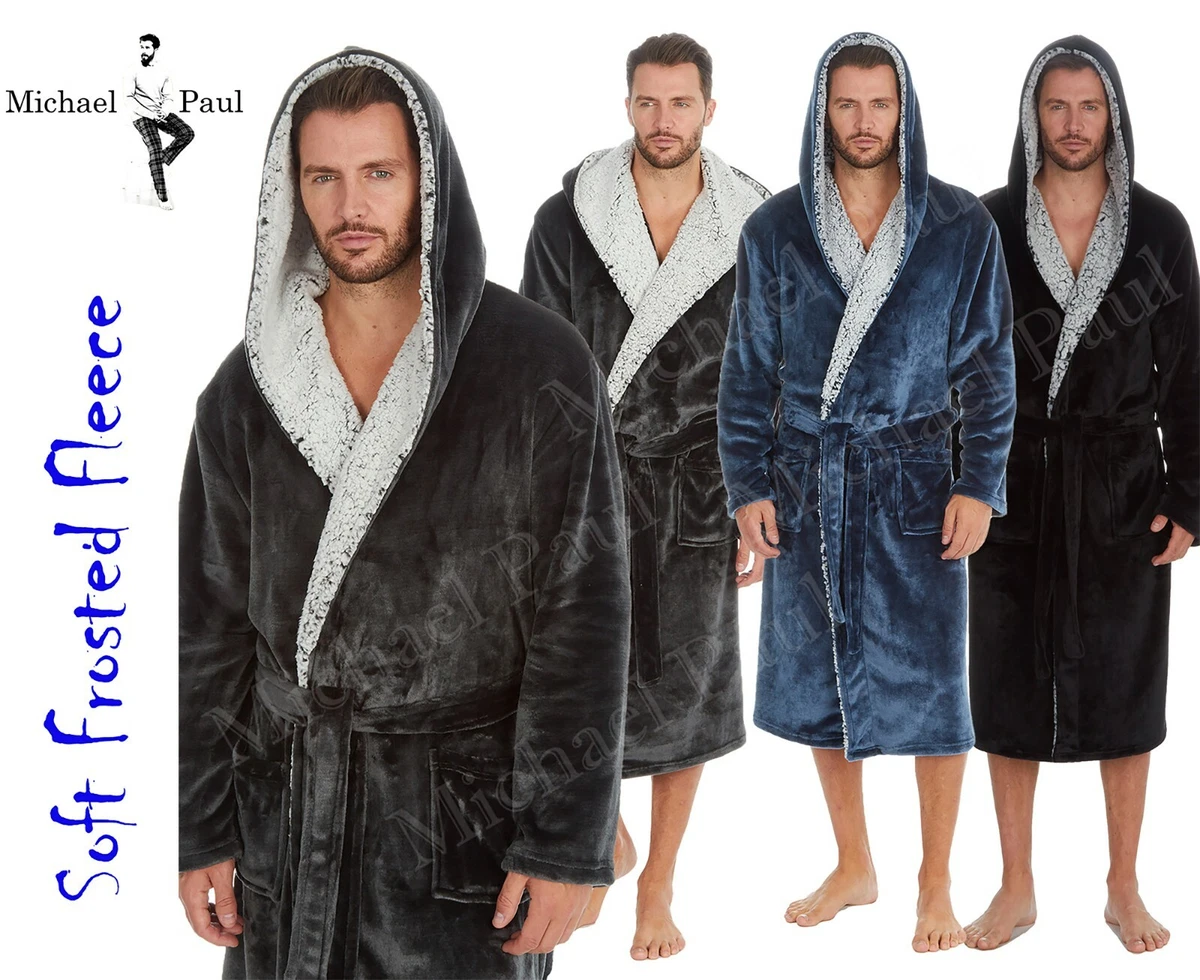 Mens Fleece Hooded Robe Soft Fluffy Thick Warm Dressing Gown With Hood  Nightwear | eBay