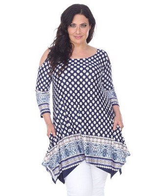 White Mark Women's Plus Size Antonia Cut-Out Shoulder Tunic (Navy/White, 2X)