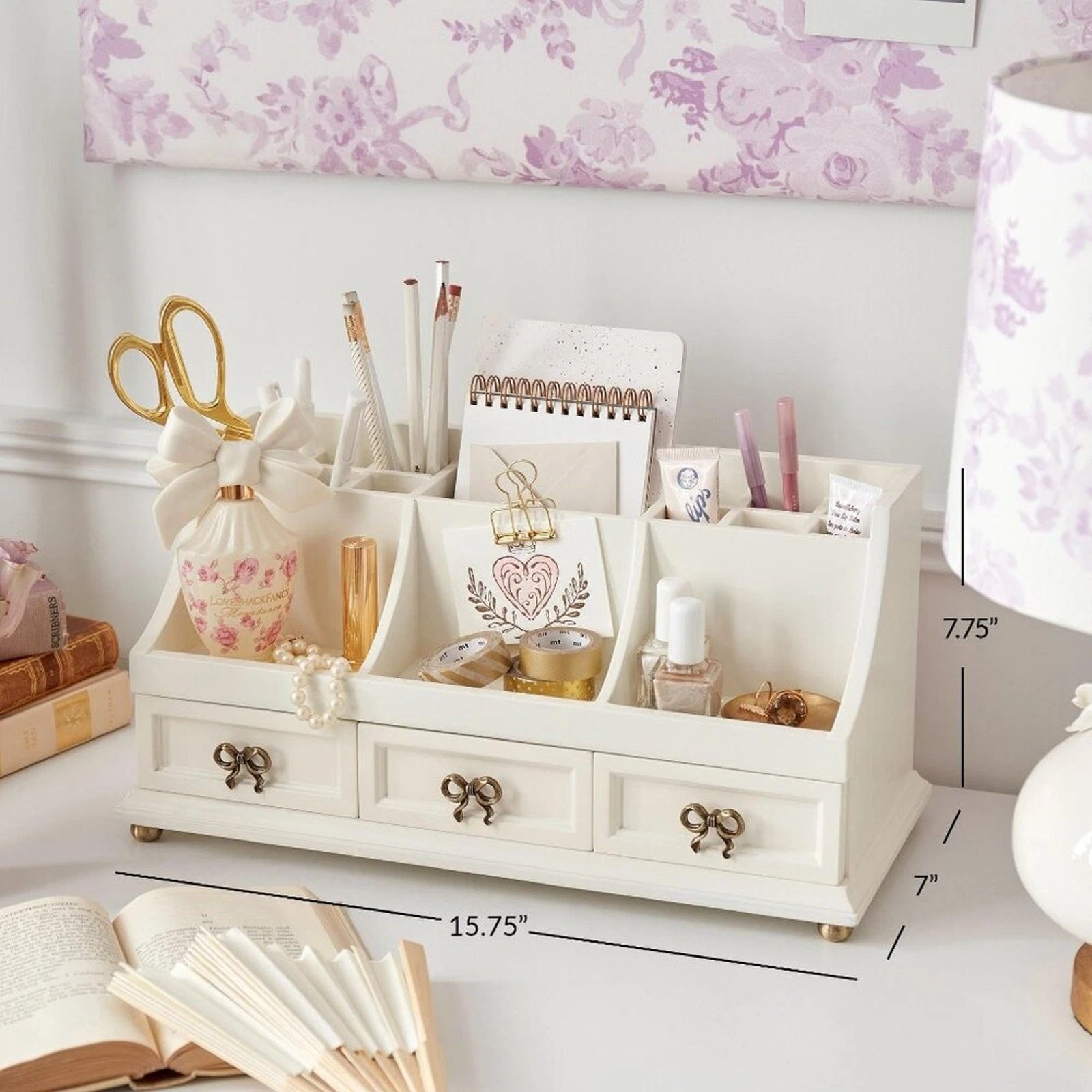 LoveShackFancy Regency Beauty Organizer White Gold Bow 3 Drawers Makeup Holder