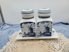 Vintage Delfts Blauw Blue White Handpainted Condiment Jars w/ Lids, Tray Holland