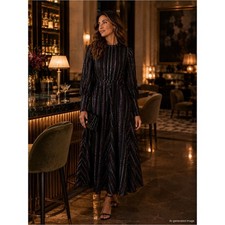 Farm Rio Black Metallic Stripe Maxi Dress S Long Sleeve Evening Party Date Night
