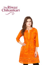 Lucknowi Hand Embroidered Orange Net Dommon Chikankari Kurti  Kurti For Women
