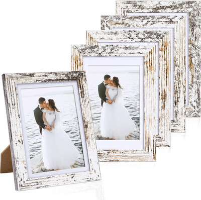 Fixwal 4X6 Picture Frames Set of 5 with Distressed White Wood Grain and HD Real