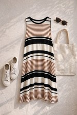 LOFT Striped Dress Women Large Sleeveless Keyhole Back Rayon Stretch Casual