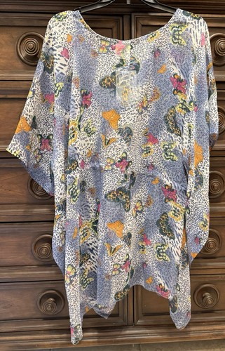 Seven Islands New York swimsuit coverup sheer blouse dolman sleeves Butterflies - Picture 3 of 4