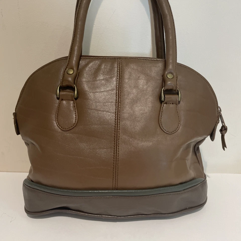 De colección Y2K Jaclyn Smith Cuero Asa Superior Bolso Cartera Marrón Cremallera Superior Foto 2 de 4