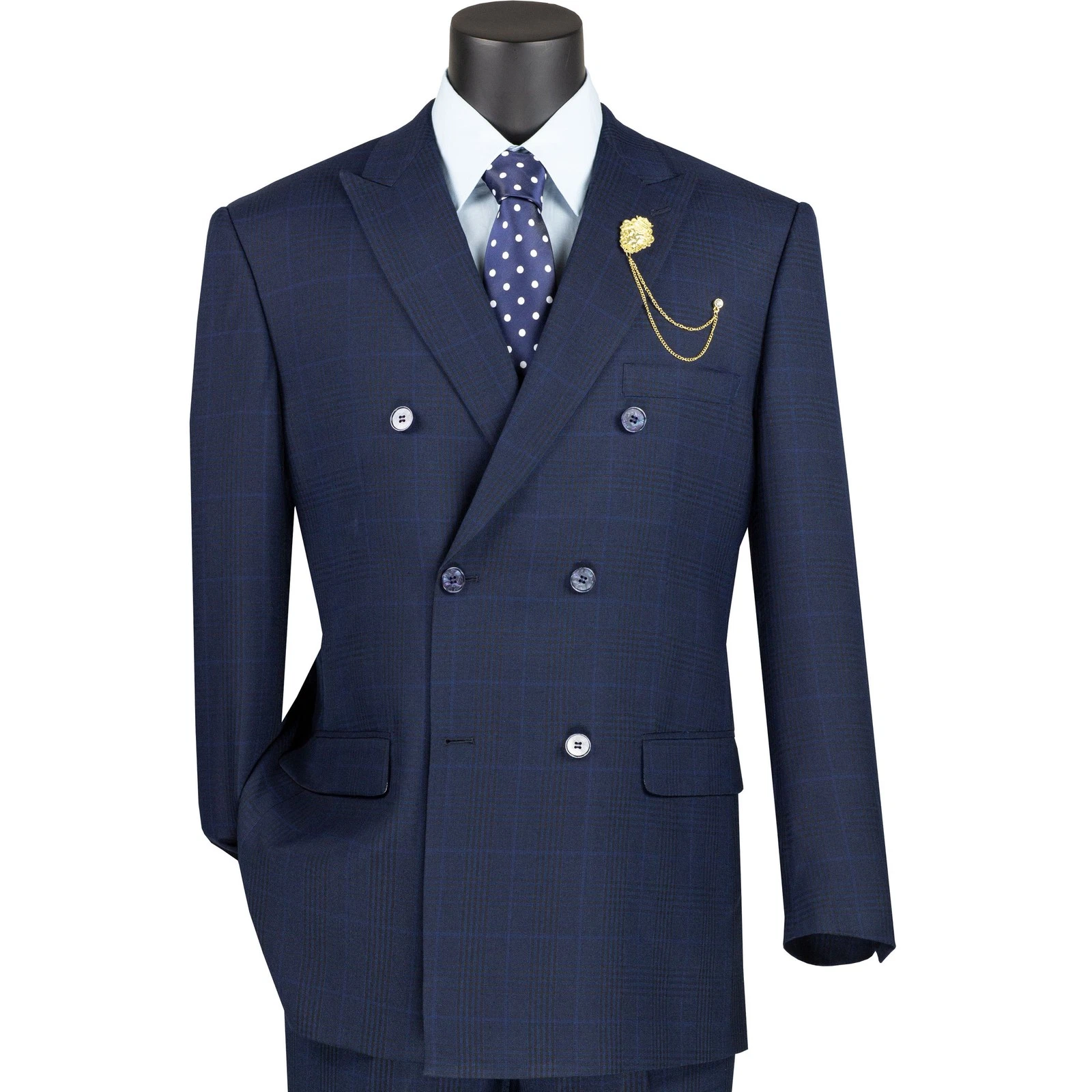 VINCI Men's Navy Glen Plaid Double Breasted Classic Fit Suit w/ Flex Waist - NEW