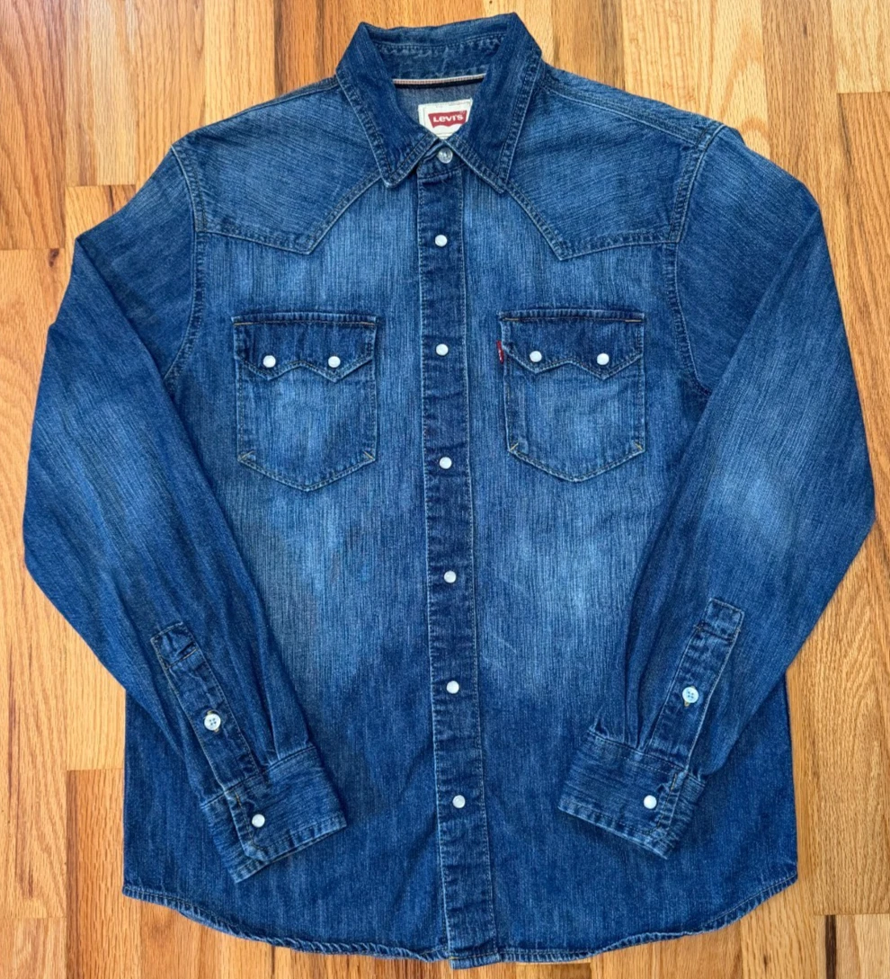 Mens Levis Denim Western Shirt Pearl Snap Button Down Sawtooth Blue Small Faded