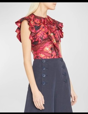 ULLA JOHNSON Vida Diamond Shibori Abstract Print Silk Ruffled Top Sz 6 Blouse