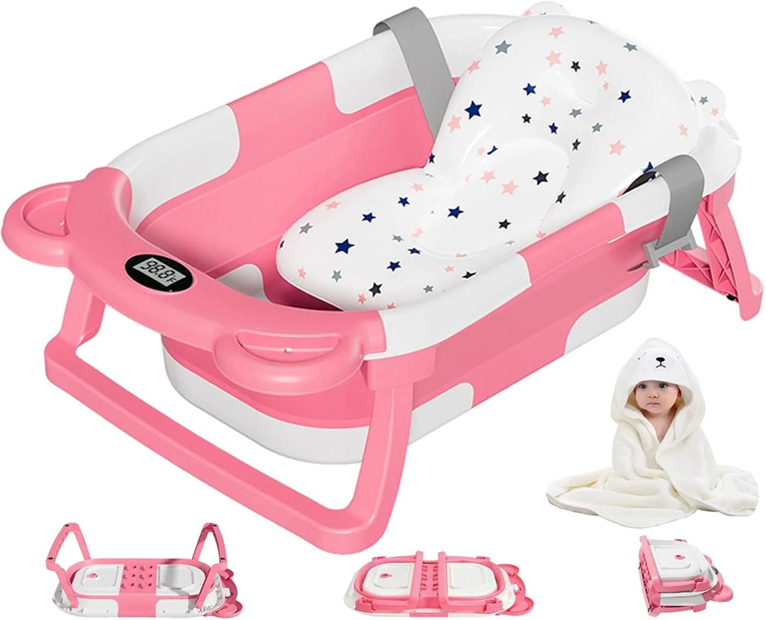 Portable Foldable Baby Bathtub Newborn Thermometer Hooded Towel Cushion MoreFeel
