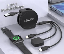 Multi Charging Retractable iWatch Charger Cable, 3 in 1 Universal USB to Lightni