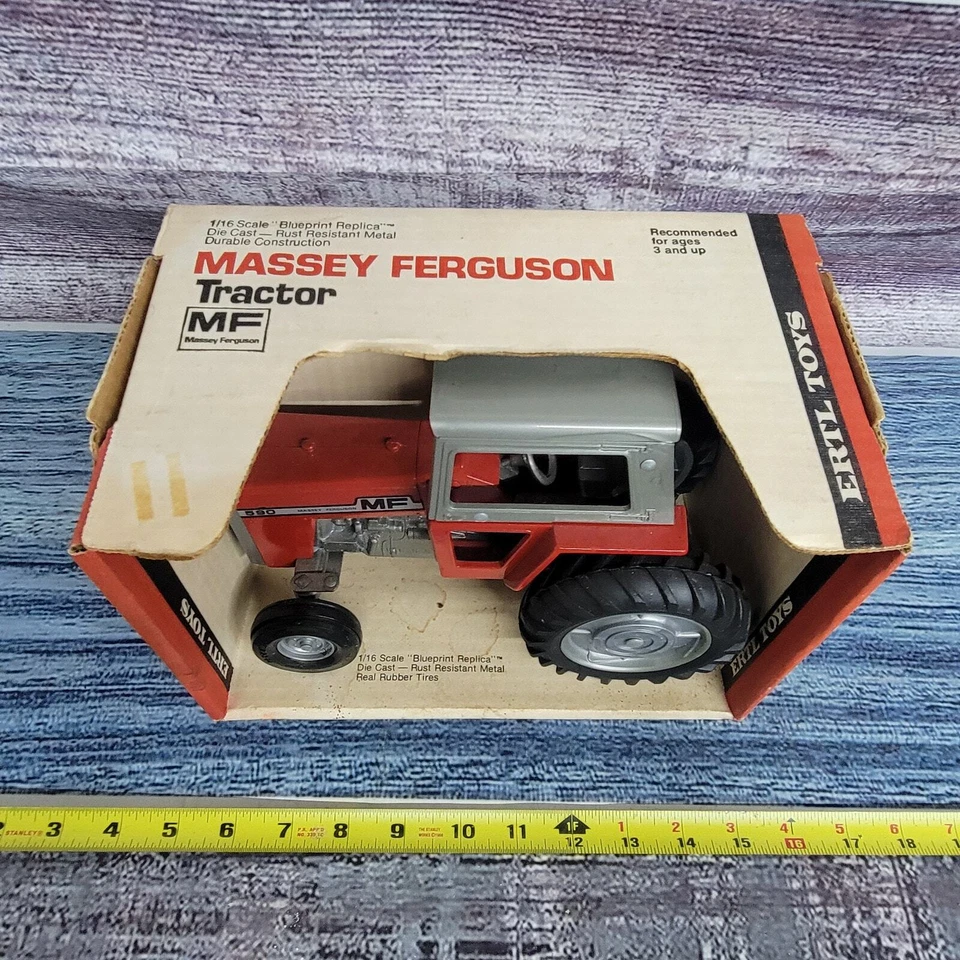 Vtg Ertl 1/16 Massey Ferguson 590 w/frontend diecast tractor red/gray blueprint  - Image 2 of 4