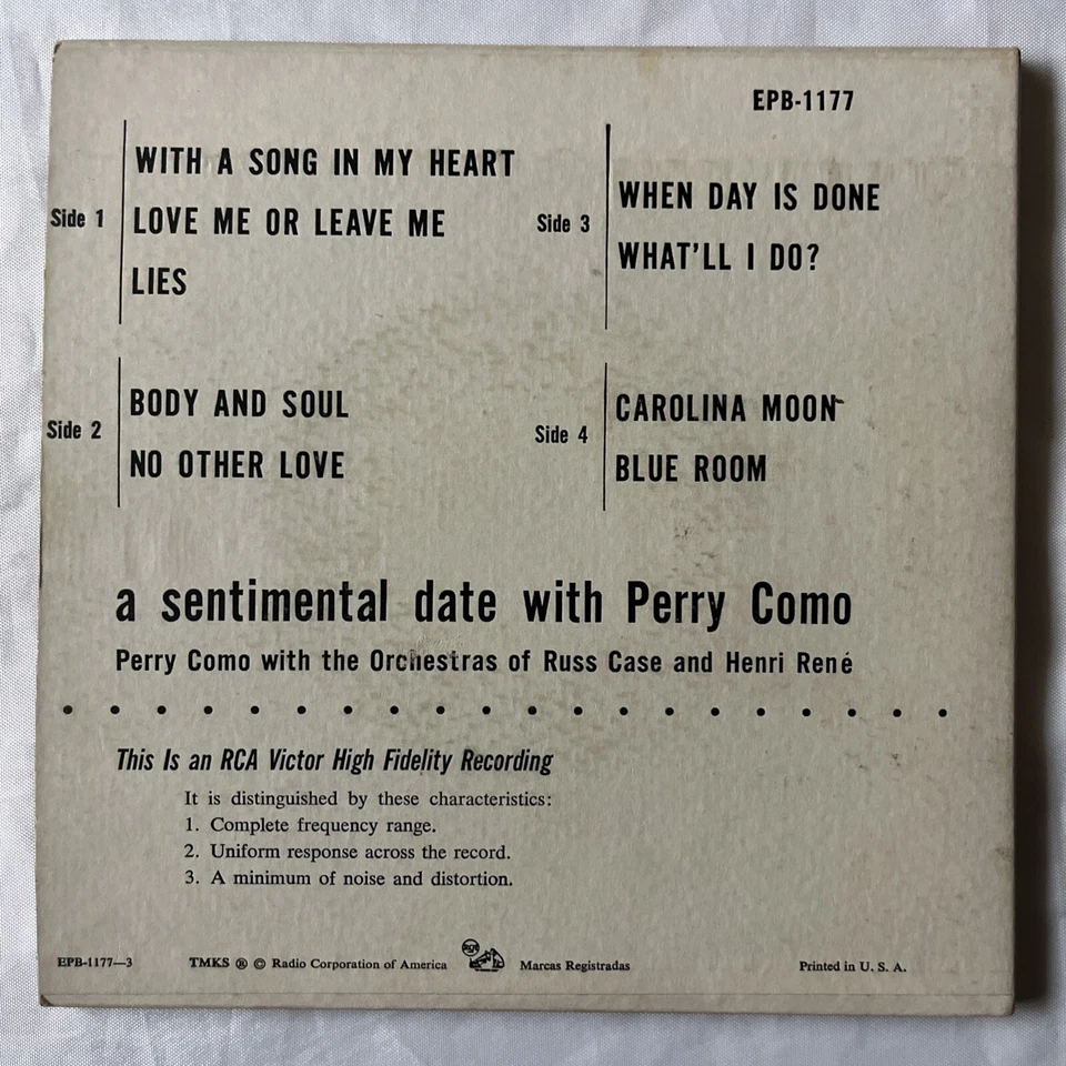 Perry Como: A Sentimental Date With Perry Como - Two 7" EP Records in CARDBOARD! - Image 2 of 4