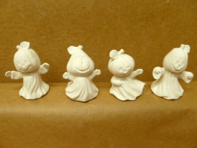 C-0831 Lot of (4) Sm Halloween Pumpkin Head Ghosts 2.5''T Ceramic Bisque U Paint