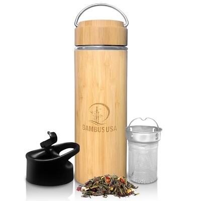 Bamboo Thermos Tea Infuser, Strainer, Tea Tumbler with 2 interchangeable Lids.