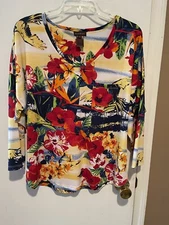 Multiples Print 3/4 Sleeve Brushed Knit Top Vibrant Floral Plus Size PXL Petite