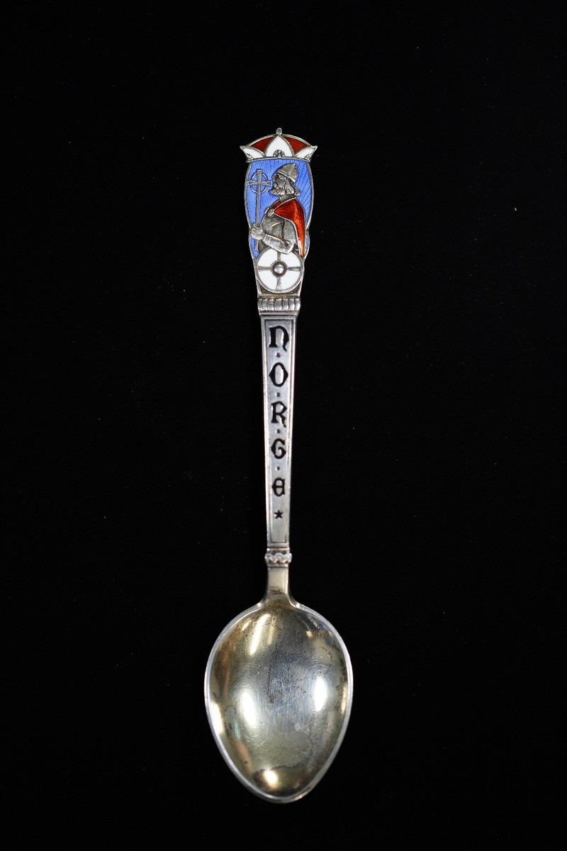 Sterling Silver Souvenir Spoon NORGE Enamel Viking holding a