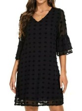 BELONGSCI Women's dress  V- Neck Ruffle bell Sleeve Dot shift Mini Black size XL