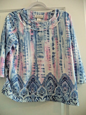 Alfred Dunner 3/4S Knit Top Shades of Blue & Pink w Silver Brads & RhinestonesPM