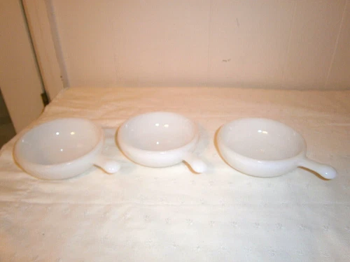 Vintage Glasbake Milkglass Soup Bowls with handles, 3