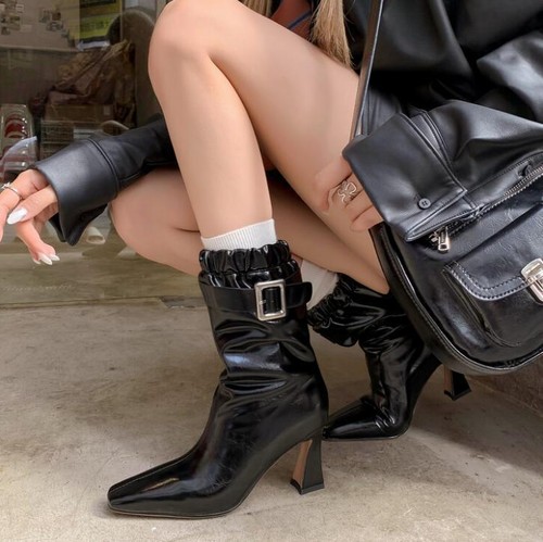 Damen Spitz Blockabsatz Stiefelette Schnalle Leder Chelsea Braun High Heel - Bild 7 von 8