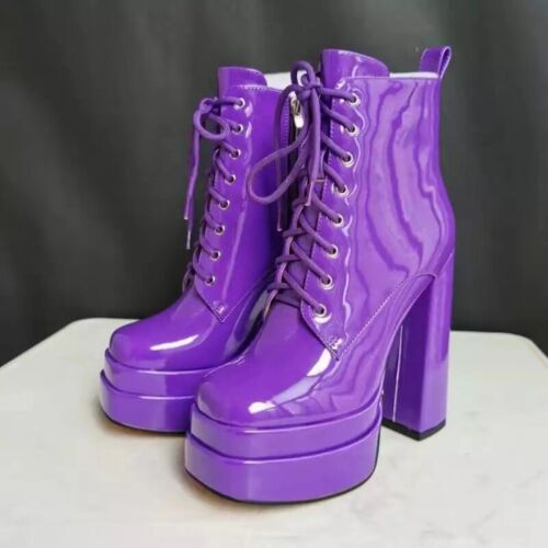 Women Patent Leather Platform Ankle Boots Square Toe High Chunky Heels Shoes - Picture 16 of 29