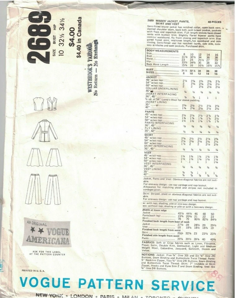 2689 UNCUT Vogue Sewing Pattern Misses Jacket Pants Skirt Vest Anne Klein OOP 10 - Image 2 of 2