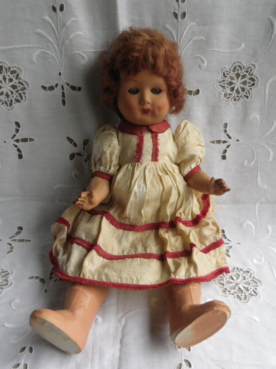 Poupée Ancienne Tête Porcelaine Corps Composite - 1940/50 - 42 Cm