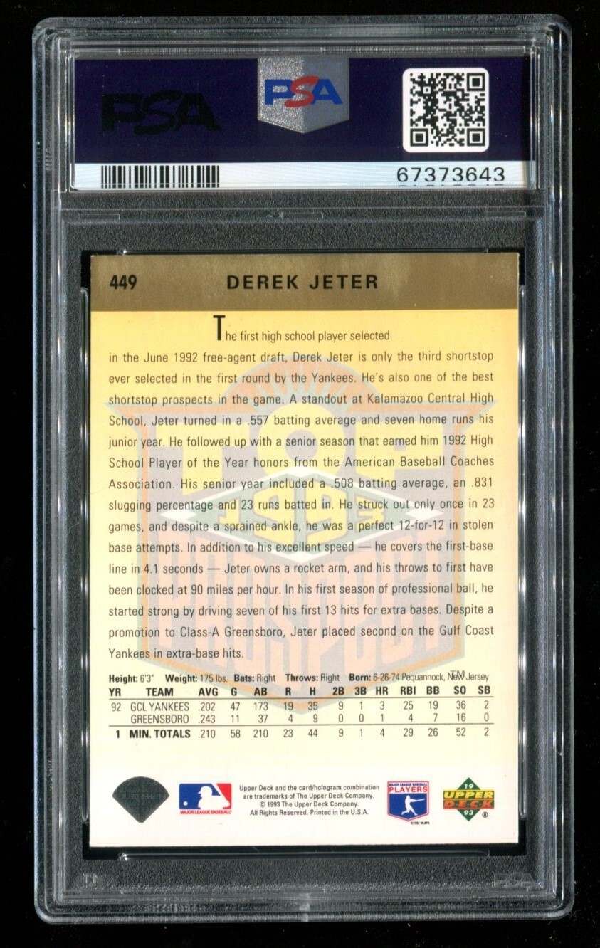 1993 Upper Deck #449 Derek Jeter Rookie RC PSA 6 EX-MT HOF Yankees~(KS) view 2