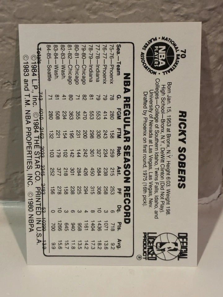 1985-86 Star Ricky Sobers #70 Seattle Supersonics NRMT - Image 2 of 2