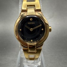 Seiko Watch Women 20mm Black Dial Gold Tone Round 1N00-0GM0 New Battery Vintage