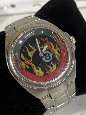 Relic by Fossil Big Tic Silver Watch 8 Ball Flaming Scrolling Dial
