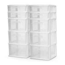 2-Pack Drawer Tower, 5-Tier Clear Plastic Storage Organizer Unit, White Frame...