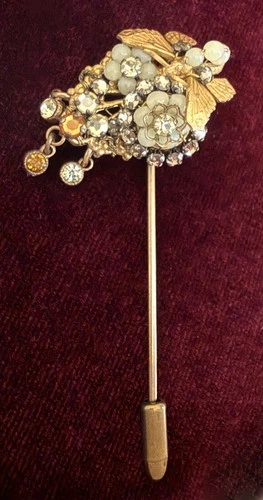 Vintage MIRIAM HASKELL Yellow rhinestone glass gold Butterfly Floral stick PIN